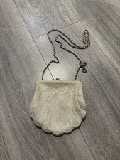 Vintage Ivory Beaded Shell Purse Clutch Kiss Lock Evening Bag Chain Strap Bridal