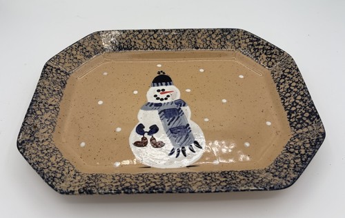 Vintage Three Rivers Pottery Teddy Snowman Blue Sponge Angled Platter Plate 11"