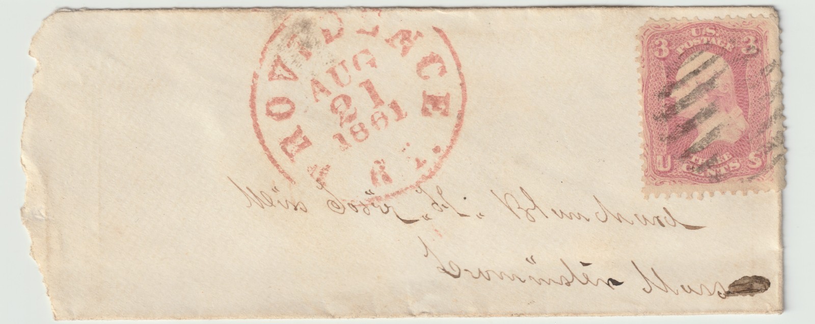 1861 Civil War Era Cover Providence RI to Miss Blanchard Leominster MA 3¢ Pink