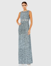 NWT Mac Duggal Slate Blue Sleeveless Sequin Beaded Long Column Gown 14
