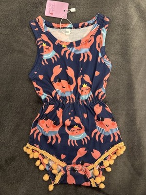 GIRLS BLUE CRAB POM POM ROMPER SIZE 80   fits approx. 12  months