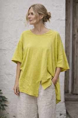 #ad Kleen Tee Asymmetrical Split Hem Scandi Lagenlook Artsy Fairy Chartreuse L $14.00