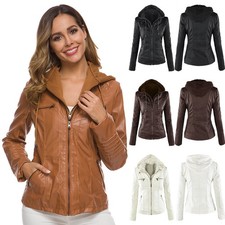 Women PU Leather Zip Up Coats Jacket Biker Detachable Hooded Tops PLUS SIZE 6-26