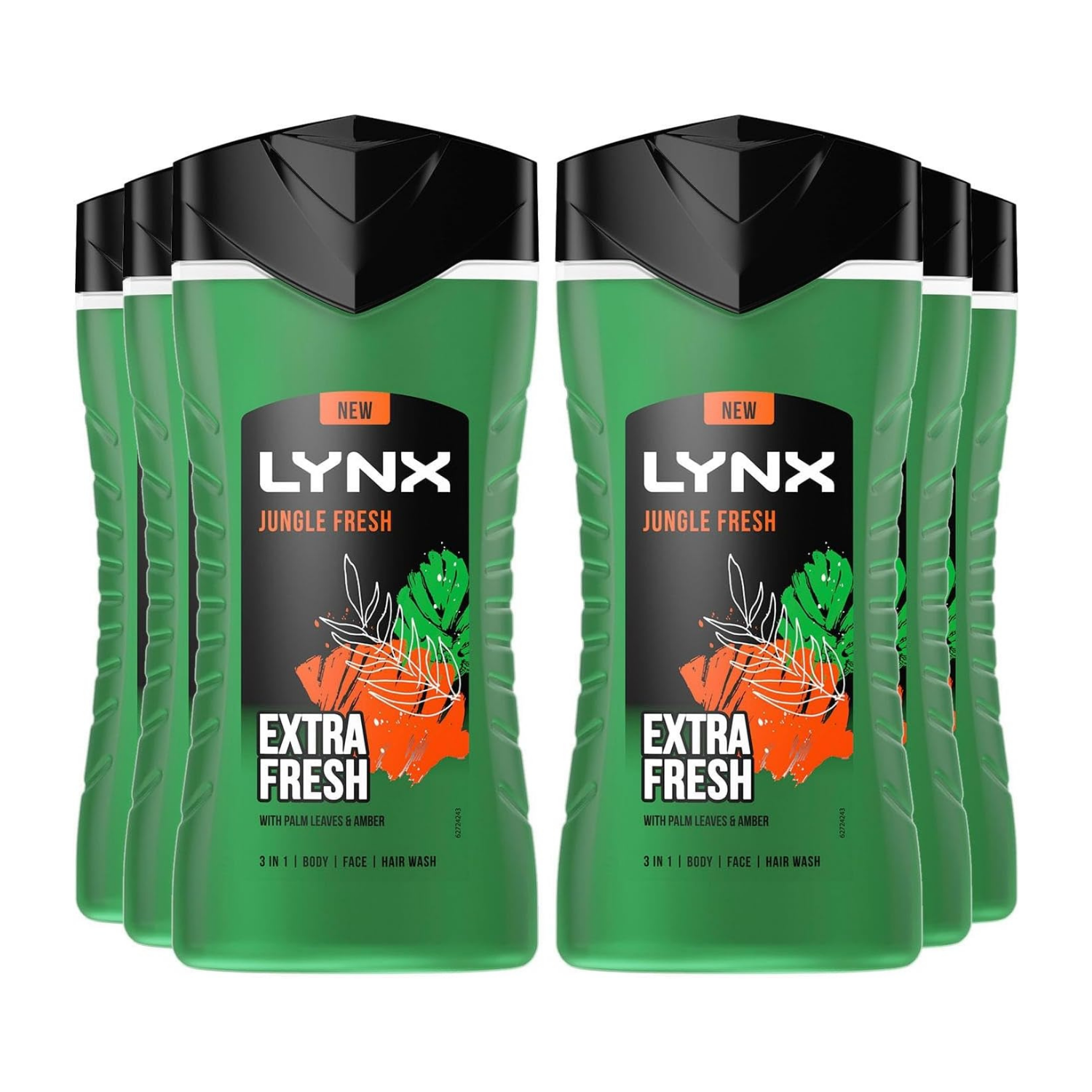 6 x Lynx 3in1 Body, Face & Hair Wash Shower Gel Extra Fresh Jungle Fresh 225ml