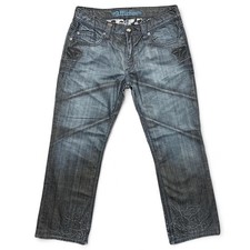 Y2K Affliction Jeans Mens 34x30 Baggy 2000s Embroidered Flaps Pants Skulls Denim