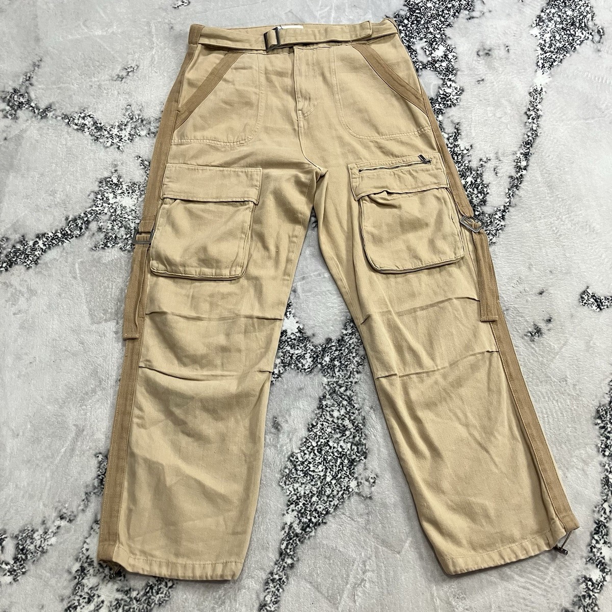 Zara Cargo Pants Womens L Beige Utility Wide Leg Buckle Pocket