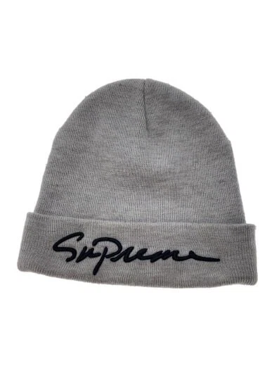 Supreme 18Aw Classic Script Beanie bonnet tricot sans acrylique gris homme AEm85
