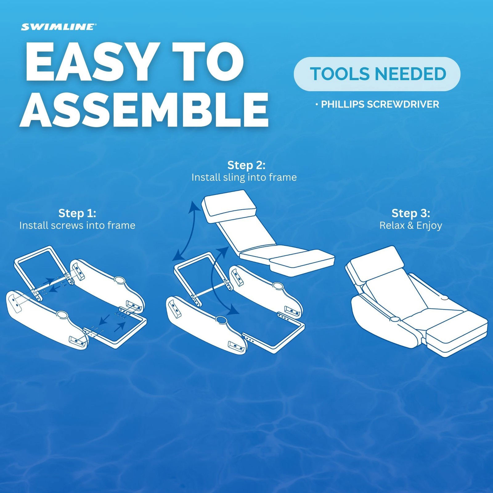 Swimline SunChaser Padded Floating Luxury Pool Lounge Sling Chair, Blue/White