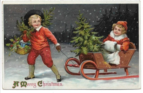ANTIQUE EMBOSSED CHRISTMAS Postcard      BOY PULLING HIS SISTER AND TREE ON SLED
