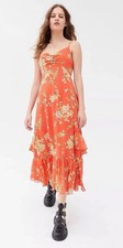 Urban Outfitters Chiffon Floral Midi Dress Women’s Large Orange Boho Sleeveless