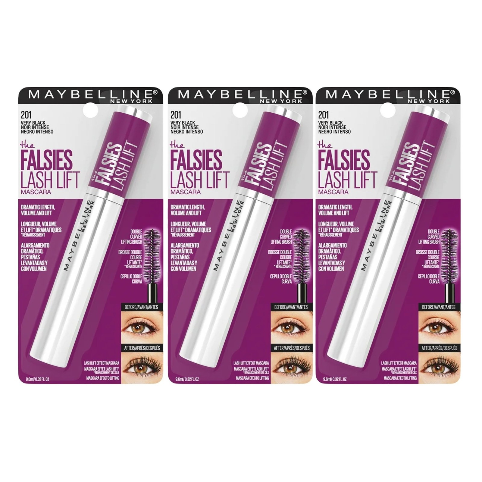 Maybelline The Falsies Lash Lift Washable Mascara, 201 Very Black – Pack of 3