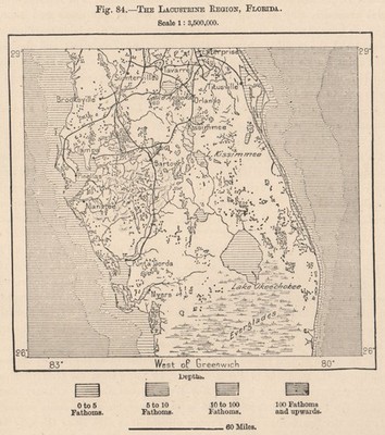 Die Region Lacustrine, Florida. Everglades 1885 alte antike Landkarte Plankarte