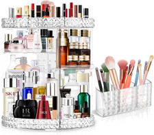 360  Rotating Makeup Organizer with Adjustable Layers and Brush Holder, Clear