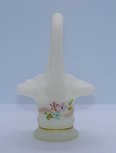 Fenton for QVC #37 Mini Miniature Opal Satin Floral Gold Band Basket Vase