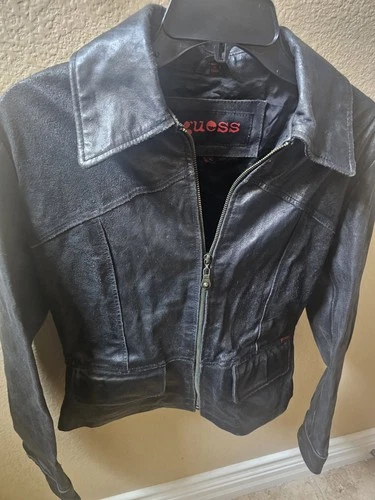 Vintage Guess Genuine Leather Black Motorcycle Jacket Women's S. Front Pockets image 9