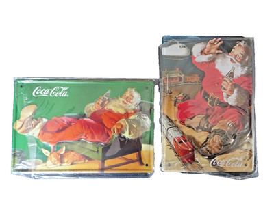2 Blechkarten ''Coca-Cola Weihnachtsmann'', 10x15cm, unbenutzt