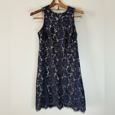 Vince Camuto Elegant Navy Lace Dress with neutral underlay in size 2