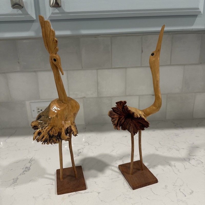Vintage Pair of 16” Burl Wood Folk Art Hand Carved Birds