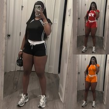 2Pcs Outfits Women's Casual Short Sleeve Crop Top Shorts Home Tracksuit Sets