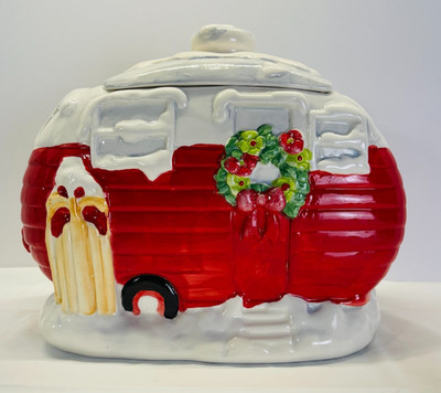 HOLIDAY TIME Red Ceramic Camper Cookie Jar Canister Christmas Winter Holiday