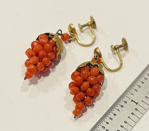 Antique 800 Silver Coral Grape Cluster Screw Back Dangle Earrings