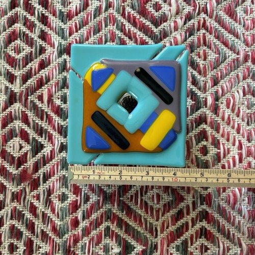 Ikebana Vase Fused Glass With Pin Flower Frog Geometric Multicolor Bold Decor - Picture 8 of 8