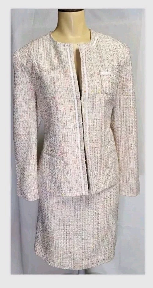 Laura Scott Tweed Pastel Cream Business Career Blazer Skirt Suit Sz 12 Petite - Изображение 4 из 4