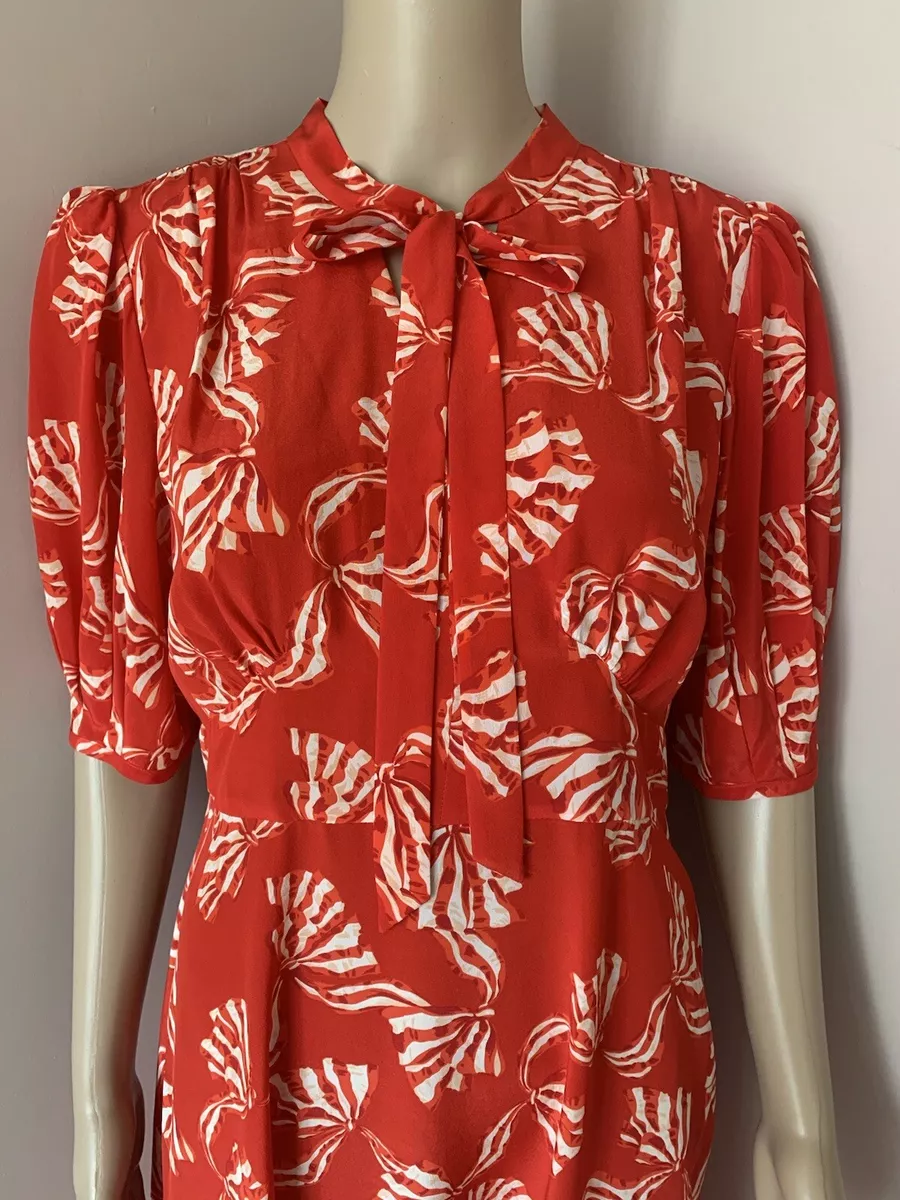 LK BENNETT RED SILK CANDY BOW PRINT DRESS SIZE 14 UK BNWT RETAIL