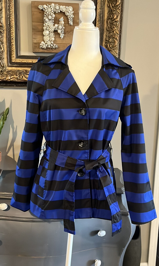 Sandro Women’s Royal Blue and Black Striped Belted Jacket Size Medium
