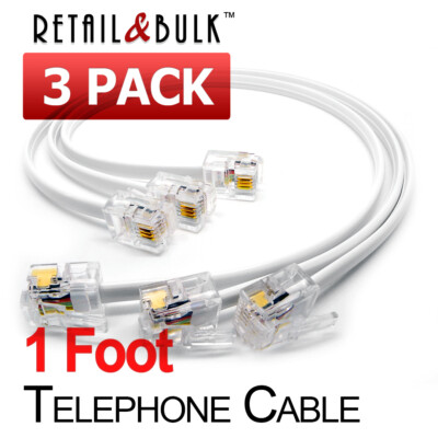 1-Foot Short Telephone Cable - RJ11 (6P4C) White Phone Line Cord, Gold Contacts