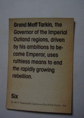 Star Wars 70's RARE wonder bread trading card #6 Grand Moff Tarkin VVG 1977 221 - Picture 2 of 2