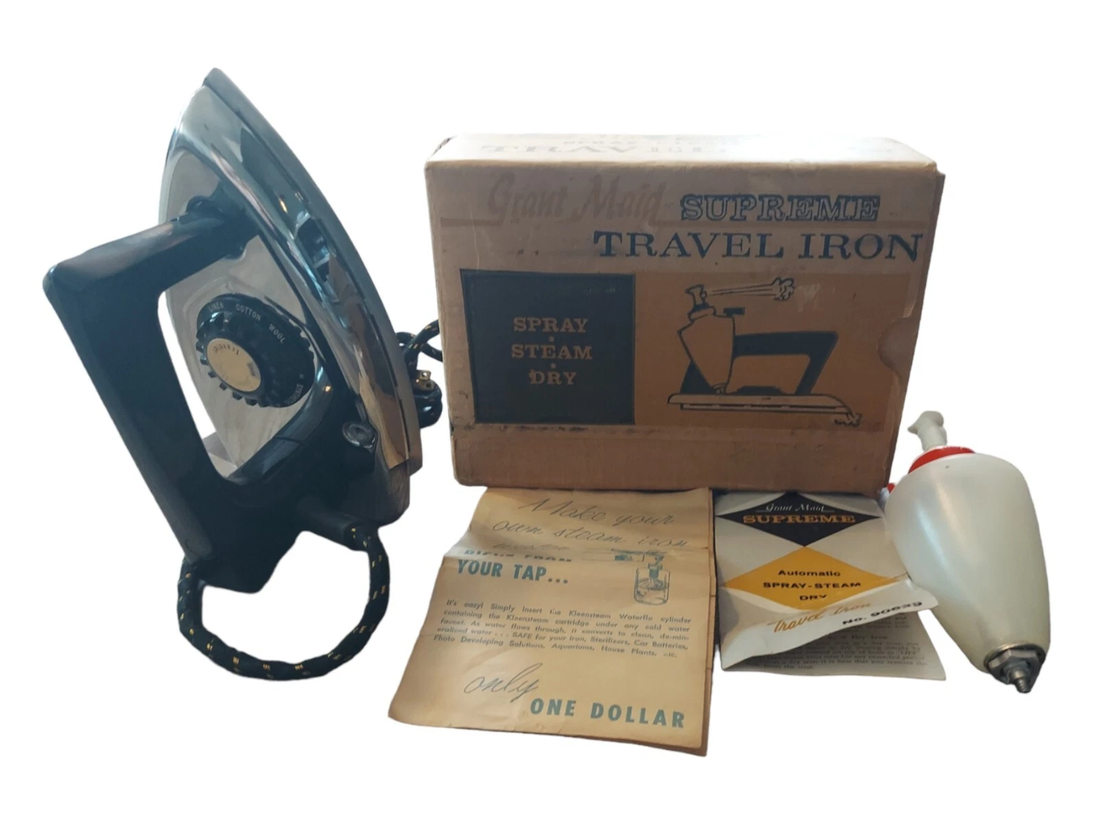 Fer à repasser de voyage pliable vintage Grant Maid Supreme avec accessoires MO. 90639 Fonctionne