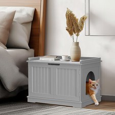 Cat Litter Box Cover Enclosure with Double Door Wooden Cat House Home Decor Gray