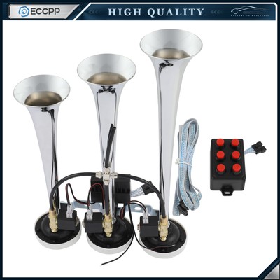 Chrome Plated Musical Loudest 3 Trumpet Train Air Horn 6 Tune With Wired Remote