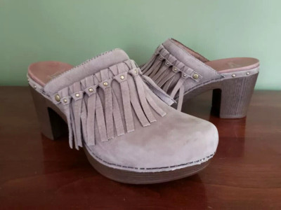 DANSKO Womens Mule Deni Taupe Nubuck Platform Leather Clog Fringe 40EU NIB  $160