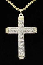 Large Iced CZ Cross Pendant HipHop Fashion 14k Gold Plated w/ 24" Rope 4mm Chain