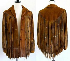 Women Western Cowgirl Suede Jacket Leather Fringe Beads Bone Coat