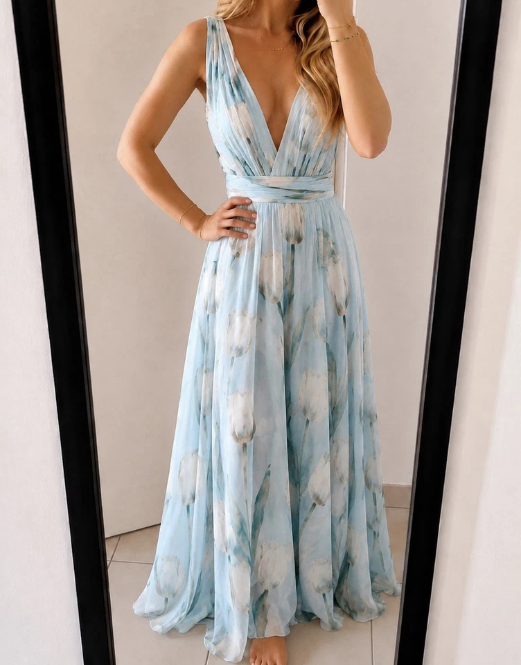 Duna Robe maxi bleu motif floral col V sans manches doublée taille S - Photo 1/4