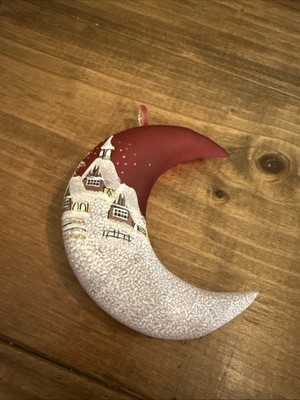 Beautiful Blown Glass Crescent Moon Hand painted Winter Scene 5 1/2  Ornament