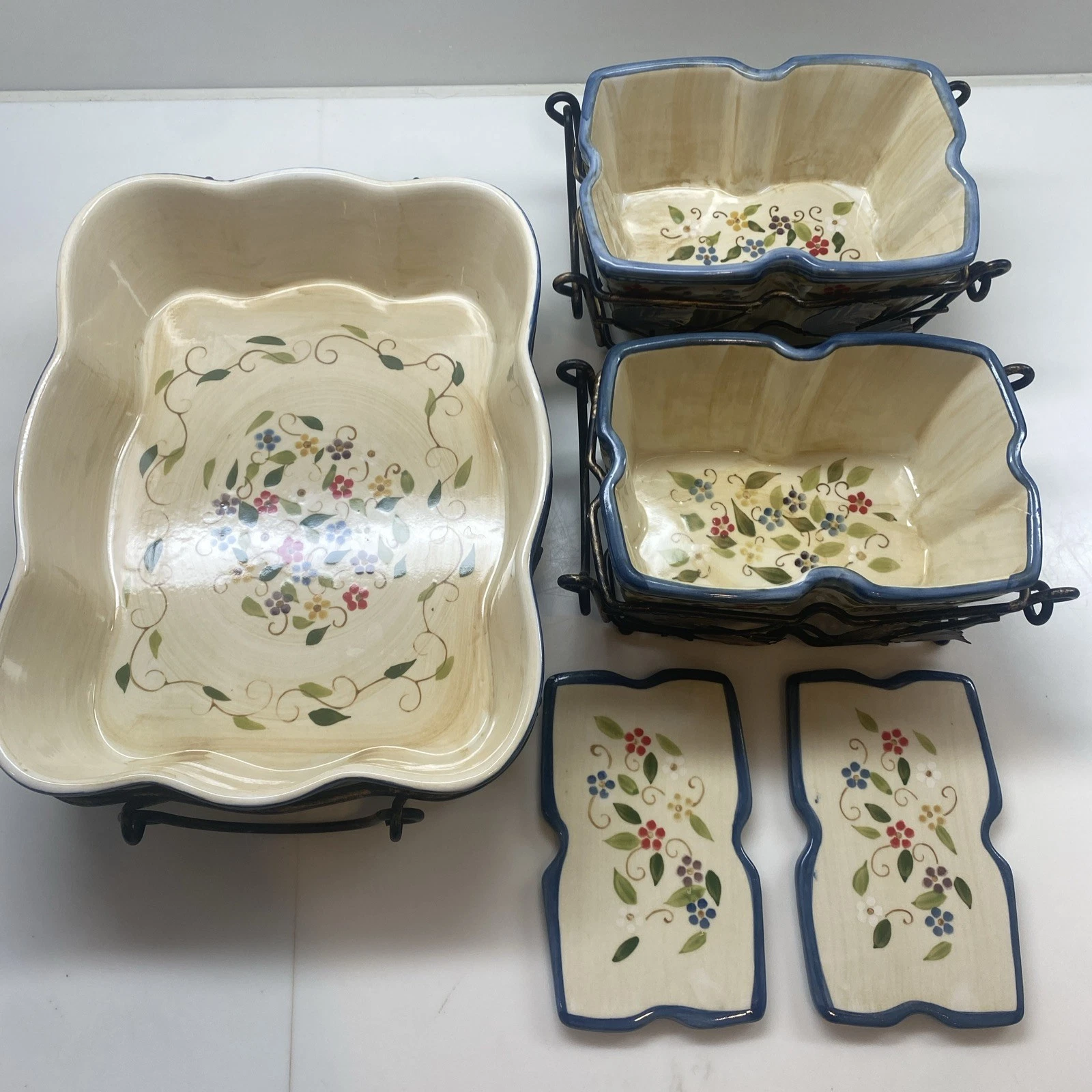 Temp-tations ovenware 9 piece Casserole set & Trivets Blue Petals Wire Baskets