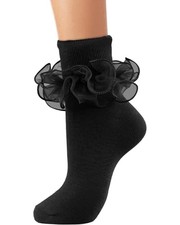 Ruffle Crew Socks Women, Cotton Comfort Ribbed Turn-Cuff Double 9-11 Black