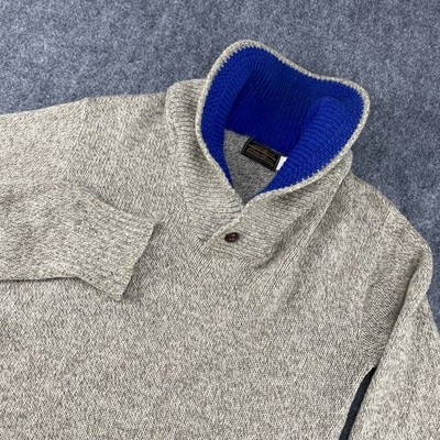 Vintage Eddie Bauer Sweater Mens Large Tall Gray Ragg Wool Blue Shawl Collar USA