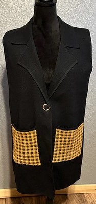 LOLA B Womens L Black Long Vest Gingham Pockets Open Front Collar Mature
