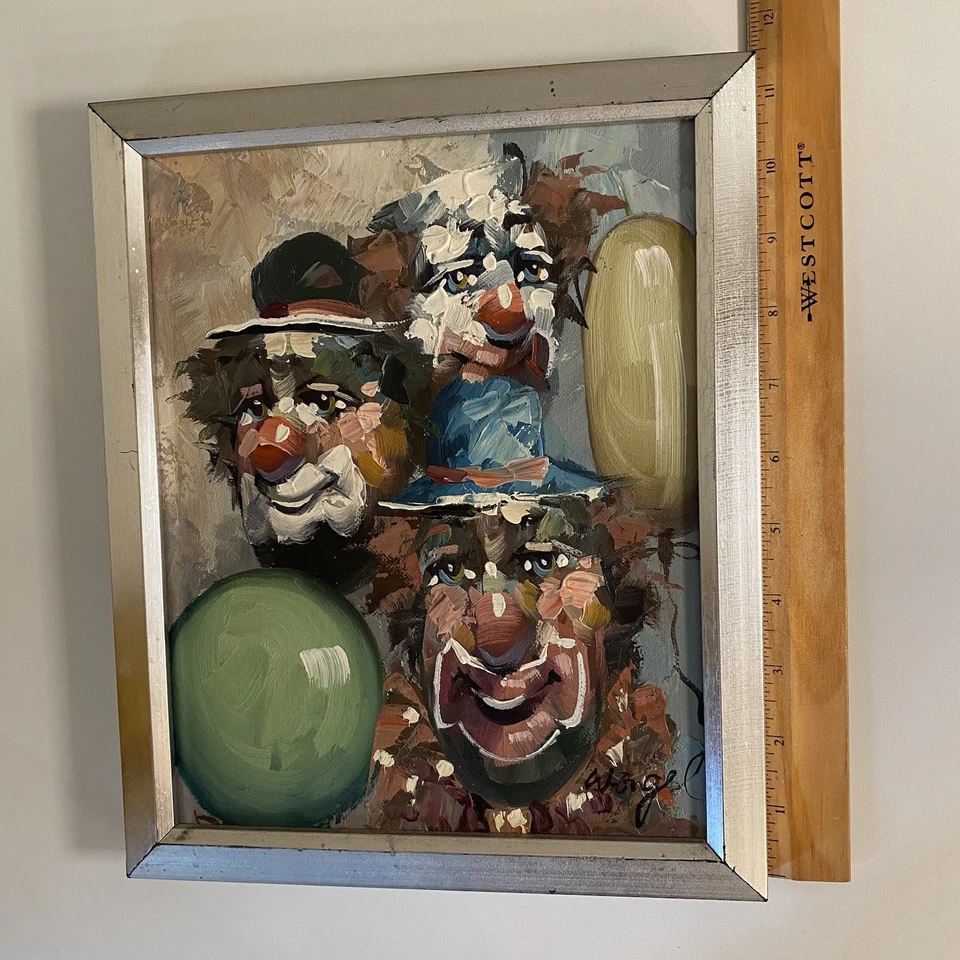 Pintura Payaso De Colección Lienzo Impresionista 11x9 Firmado Trío Actuando Happy Moody Foto 3 de 4