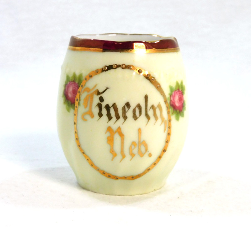 Antique German Ceramic 2 1/8" Toothpick Holder Lincoln, Neb. Pink Roses Red Trim