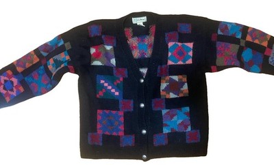 L.L.Bean Women s 100% Wool Knit Cardigan Sweater Geometric Patchwork V-Neck L