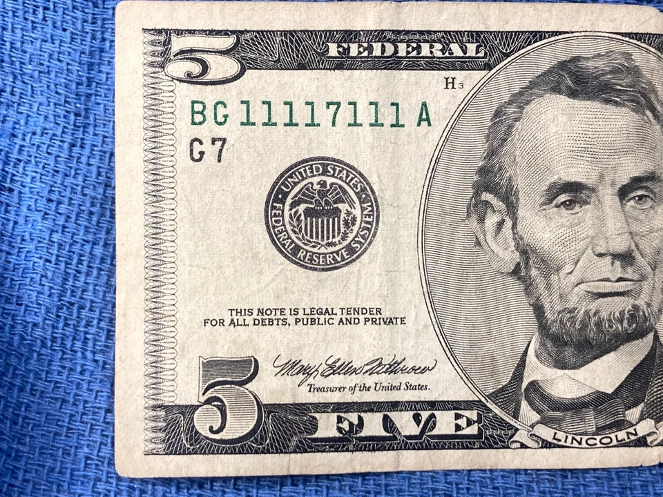 1999 5 dollar bill 7 + Seven 1's Fancy Note 11117111 Binary 7 OF A KIND - Image 2 of 4