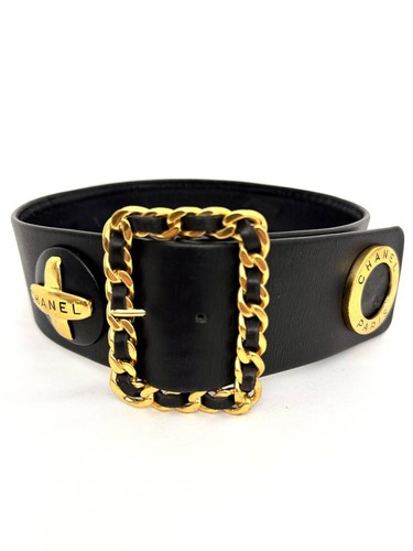 Cinturón CHANEL Cuero Negro Chapado en Oro Logo CC Iconos Cadena Hebilla 93A 60/24 - Imagen 2 de 10