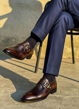 Handmade men full grain leather monk strap shoes, brown leather dress shoes