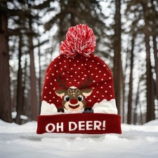 Beanie Knit Hat Christmas Holiday LED Light Up with PomPom